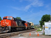 <b>A pair of ET44AC's.</b> CN 3032 & CN 3005 lead CN 120 through St-Henri. A third ET44AC (CN 3017) is operating mid-train.