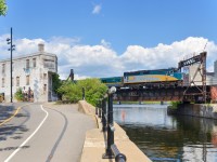 VIA 6402 leads VIA 635 over the Lachine Canal in Montreal.