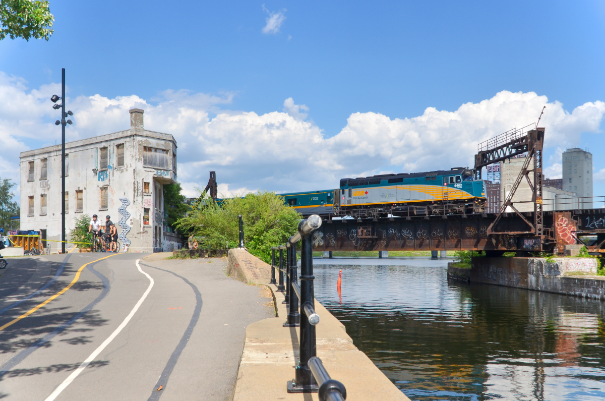 VIA 6402 leads VIA 635 over the Lachine Canal in Montreal.