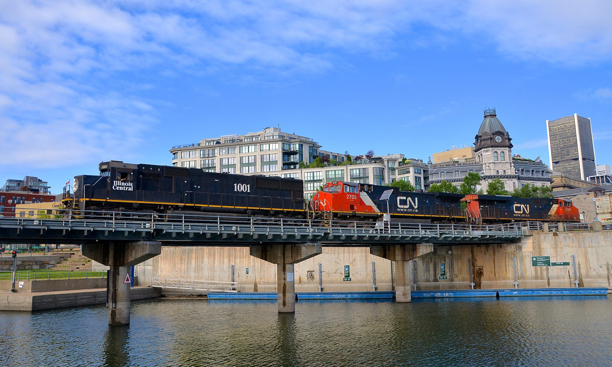 CN 149 is crossing over the eastern end of the Lachine Canal with IC 1001, IC 2705 & CN 2294 for power as it leaves the Port of Montreal.
