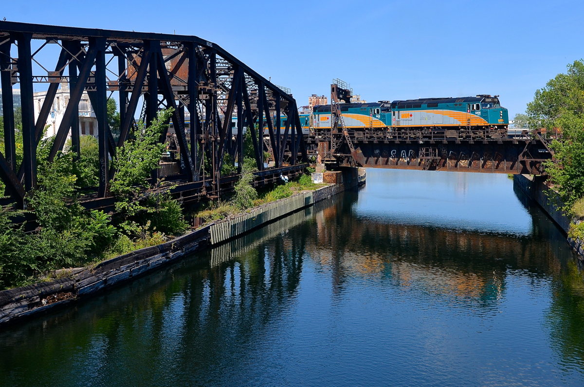 A pair of F40's. VIA 6406 & VIA 6456 lead a 3-car VIA 635 over the Lachine Canal on a sunny afternoon in Montreal.