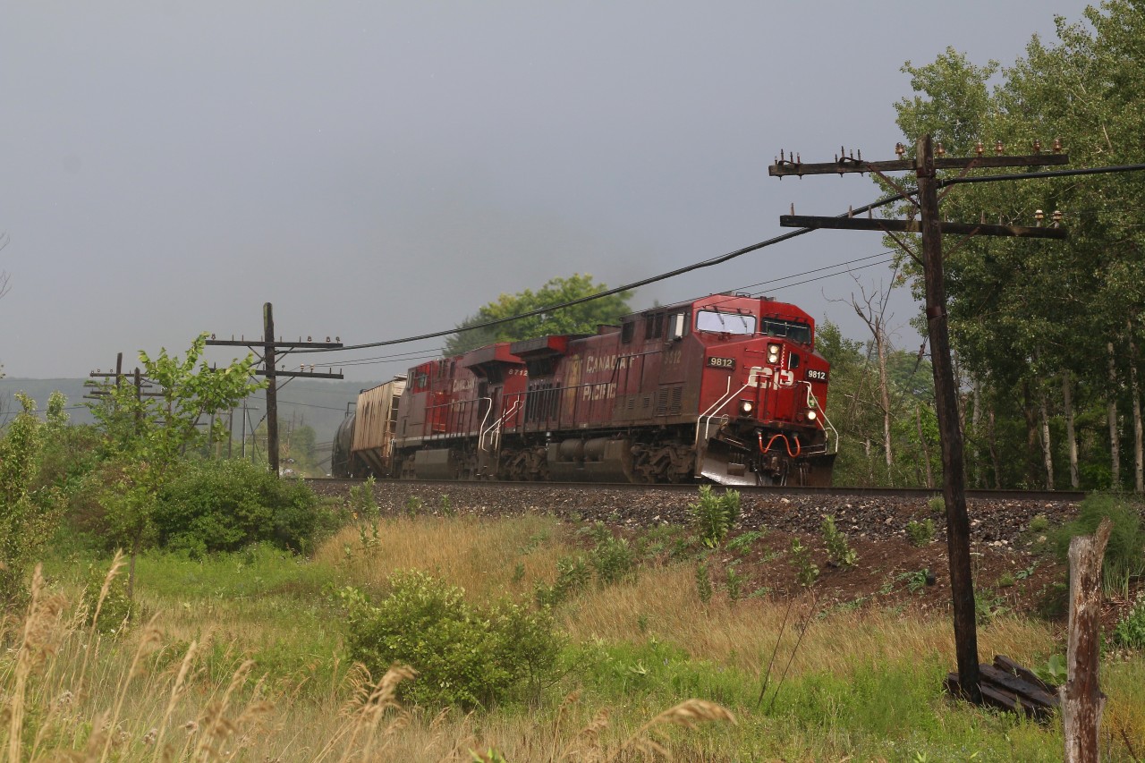 A mid afternoon shower has turned the air into something similar to that inside a sauna. The temperature is 30 but with the humidity it is closer to 40. The rain is still pouring down as the sun breaks through the clouds just in time for the passage of a westbound empty ethanol train.