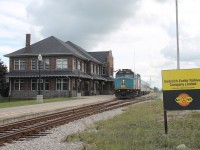 Westbound VIA on way from Toronto to Sarnia arrives at Stratford Station. Threatening skies marks the arrival . 