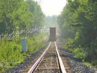 The tail end of an eastbound train fades in to the early morning haze with the pole lines still lit with the morning sun and dew. The old signal lights appear in the distance and are nearing the end of their life in the not too distant future.
