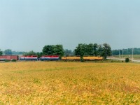 Moving along eastward at track speed, GEXR's morning 432 is about to cross over the Woolwich-Guelph Townline Rd approaching what used to be known as Mosborough Station. Interestingly enough, this train would have the same lead unit number upon return from its' Stratford to CN Mac Yd run, due to the fact the LLPX 2210 leader has RLK 2210 trailing! Between are LLPX 2236 and RLK 4096. The RLK 2210 was later changed to 2211.
