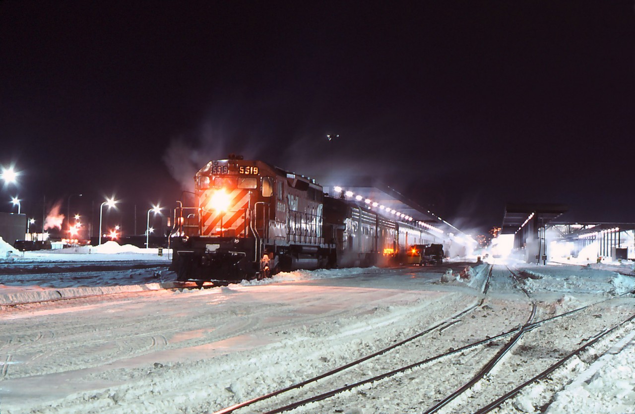 Ian Walker took two great night photos of VIA's Canadian at Ottawa. It's a chilly January night in 1981 and one of the F units has failed. CP SD-40 5519 has been pressed into passenger service. Later that year VIA began running The Canadian through Toronto and on to Montreal on the Kingston Sub.