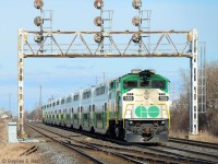 A classic GO engine (well, it's classic to some of us) passes under a Classic signal bridge - I saw many a train here as a kid as I lived nearby in the 80's, but have only been here a couple times for a photo. This photo brings me back.

