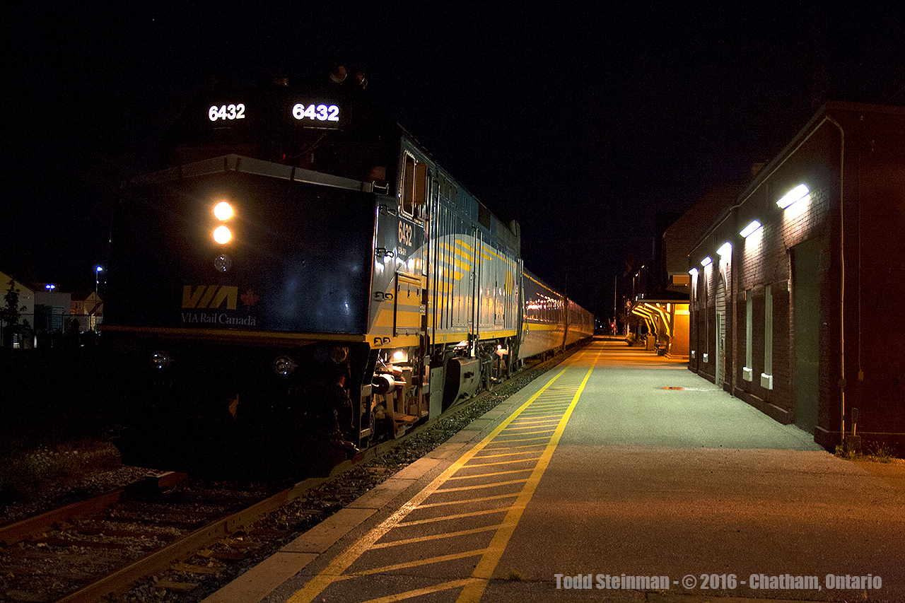 It helps when a train stops at a station, such as train 79 here at Chatham, Ontario to try and get some night photos. Time is 10:25 pm, and it will be moving on shortly down the line to it's final destination of Windsor.