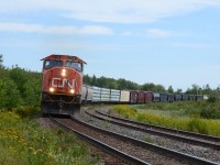 CN 5742 leads CN train 407 around the curve at Painsec Jct. Nice banked curve with a beautiful view here to take pictures of trains.