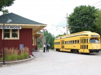 Streetcar W-30 is an interesting car in that it came from Cleveland's  transit company. It was used by the TTC as a rail grinder and the Halton Radial installed the seats back in it so it can be used for the tourist operation.  The car has just returned from the last run of the day and sits beside the relocated CNR Rockwood station. 