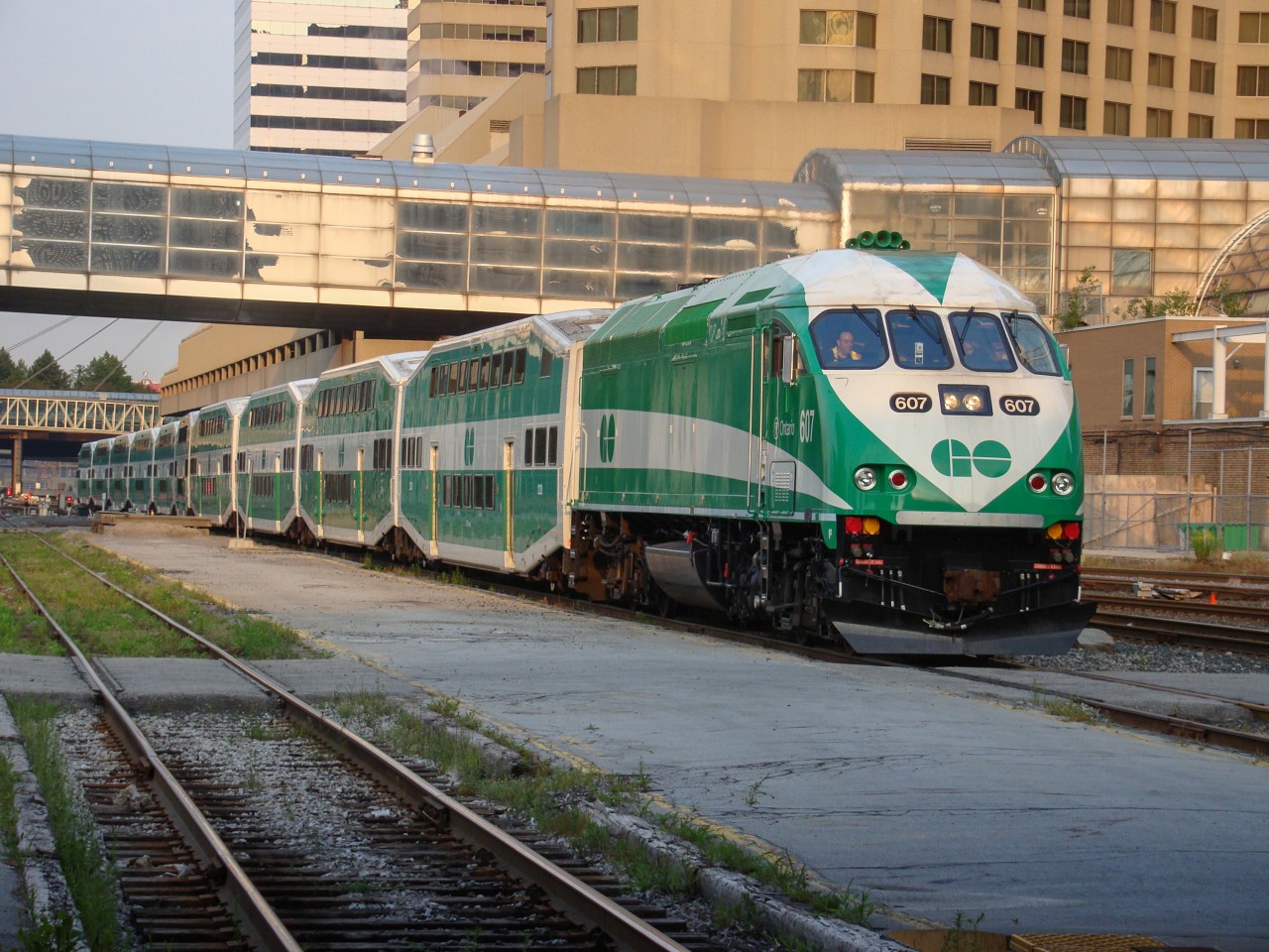 Still one of the newest members of the fleet at the time, GO 607 is leading a train into track 5 at Toronto Union Station.