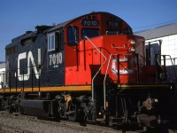 Looking like it just came out of a rebuild program, except for the amateur touch paint on the nose, this GP9u sits at Kamloops yard. I always thought that CN's GP-9 rebuilds were done with a lot of style.