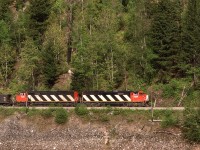 View of a loaded sulphur train across the Fraser River from Emery Creek Provincial Park.