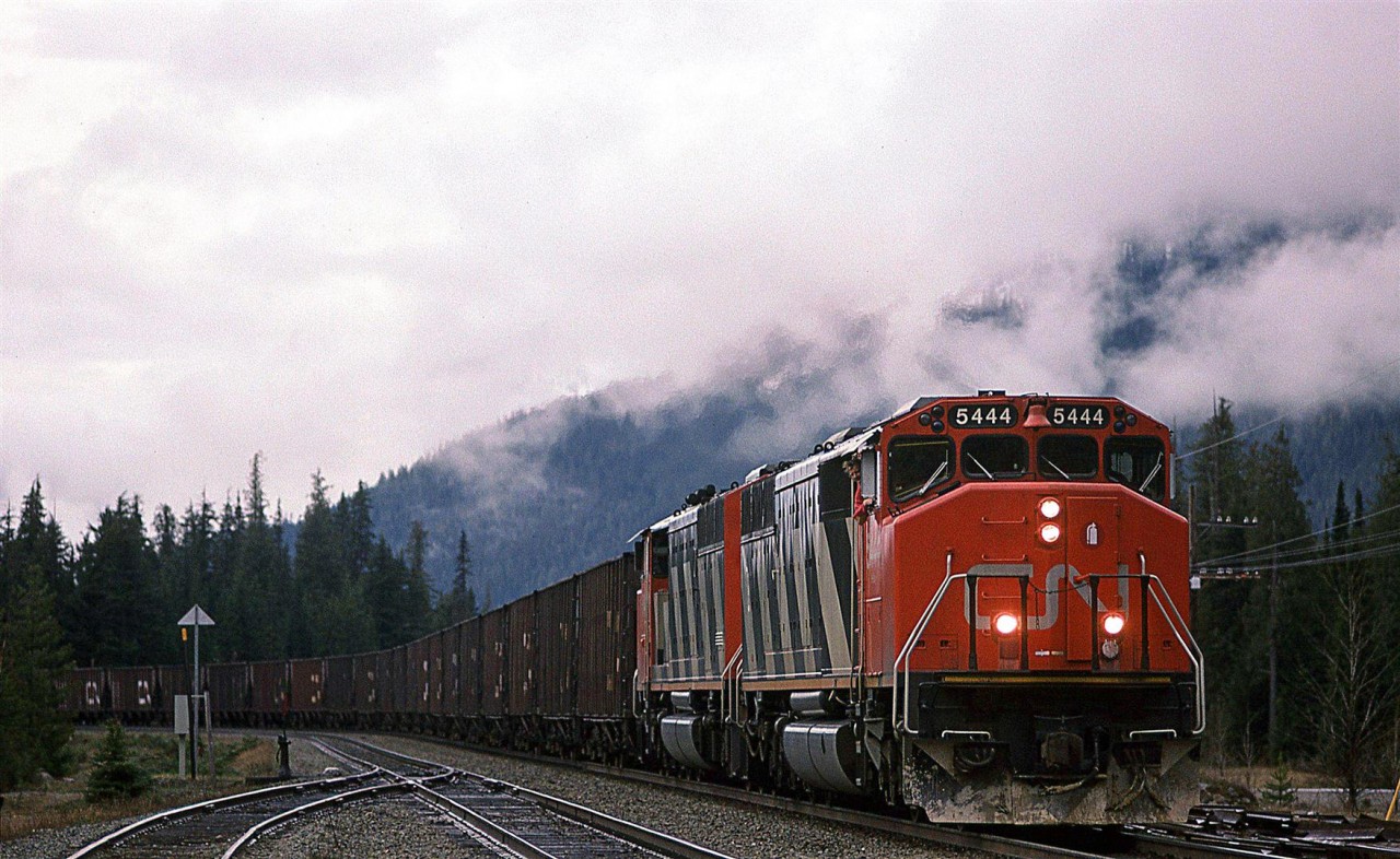No one spends a lot of time in this area. It is strictly a get-through-it-as-quickly-as-possible situation. This is one of the few places where a train can be caught (Note the highway in the background).
This is an eastbound coal empty train on a very overcast morning.