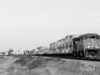 This is my very first photograph of a CN doublestack train. They had been running for years in the "States, but CN was a slow adapter. I had been too busy with my house renovation to do much railfanning for the last year or so, therefore I do not know when CN inaugurated DS service.
This is from one of those Kodakchrome rolls that would come back from processing with strange green hues. I, with my limited photo manipulation skills, was unable to achieve satisfactory colour results, so I simply removed all colour saturation.
Also, note that the pole line along the Wainwright Sub is now gone.