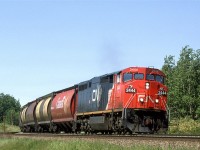 An empty grain train swings through the first curve at Carvel. It is running on the north track because there is a westbound grain on the south track.
