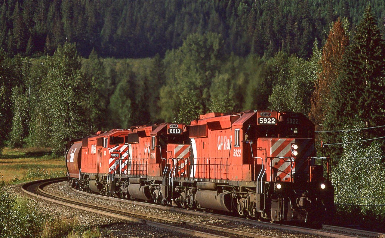 My guess is that we were camping at the Canyon Hot Springs Resort when I took this photo. I am not a fan of hot springs but it is a fantastic location for catching trains. There really aren't that many places to access the tracks between Rogers Pass and Revelstoke. This is a rather nice spot.

This is a westbound grain train easing down the slope to Revelstoke.