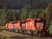 My guess is that we were camping at the Canyon Hot Springs Resort when I took this photo. I am not a fan of hot springs but it is a fantastic location for catching trains. There really aren't that many places to access the tracks between Rogers Pass and Revelstoke. This is a rather nice spot.

This is a westbound grain train easing down the slope to Revelstoke.