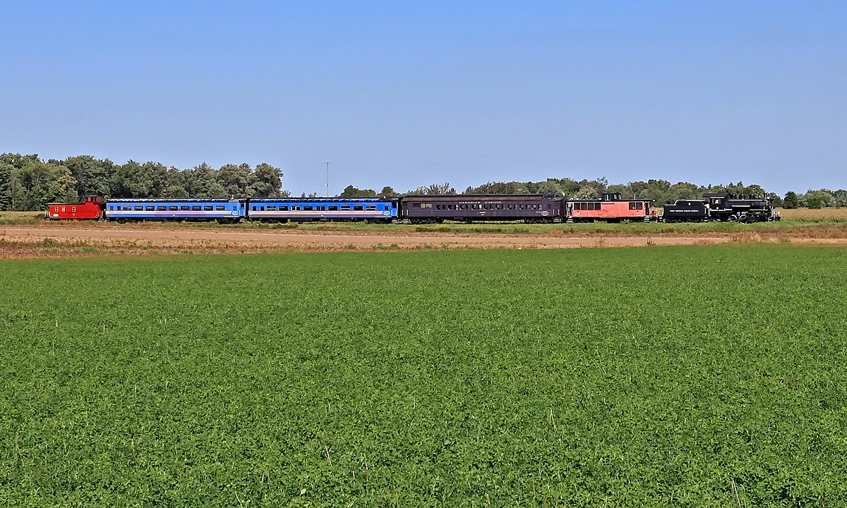 After the Labor Day runs, the Waterloo Central steam train reverses through the farmlands north of Waterloo home to St. Jacobs.