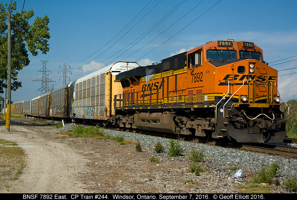 Trains worth shooting on the Windsor Sub have been few and far between, but a text from a buddy this morning got me the first 2 trains I've shot since June!!  Here BNSF 7892 leads train #244 solo as it departs eastward from Dougal Ave. in Windsor.  Sadly the 'solo' unit would be short lived in Ontario as a CP GE was put on as a new leader in Walkerville before the train ever left town.  My apologies to all the Foamers to the east......