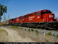 CP transfer T27 returns to Windsor from the U.S. with a big cut of cars as 5043 rolls past Dougal Ave.  The train will head out to Lakeshore and then back into Windsor Yard where the cars will be switched out for various eastbound trains to lift.