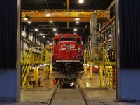 SD30ECO has been spotted in the shop for some maintenance work. This unit is from the second order of SD30's are was re-manufactured in Mexico from an SD40-2 frame with a 12 cylinder turbocharged 710 series engine.