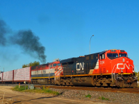 This long CN freight mostly made up of lumber continues it's journey east on the CN Rivers Subdivision, as BCOL 4611 smokes it up trying to help get the train moving.