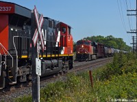 A few miles west of the yard, CN 2337 leading train 376 meets CN 2934 leading 305 outside of Belleville. As 376 slows for their crew change in town, 305 is accelerating from their recrew. Shortly however, a report of an unauthorized rider will have 305 stopped for about an hour in Trenton while the local and CN Police inspect the train (whoever was riding had long disappeared). 1203hrs.