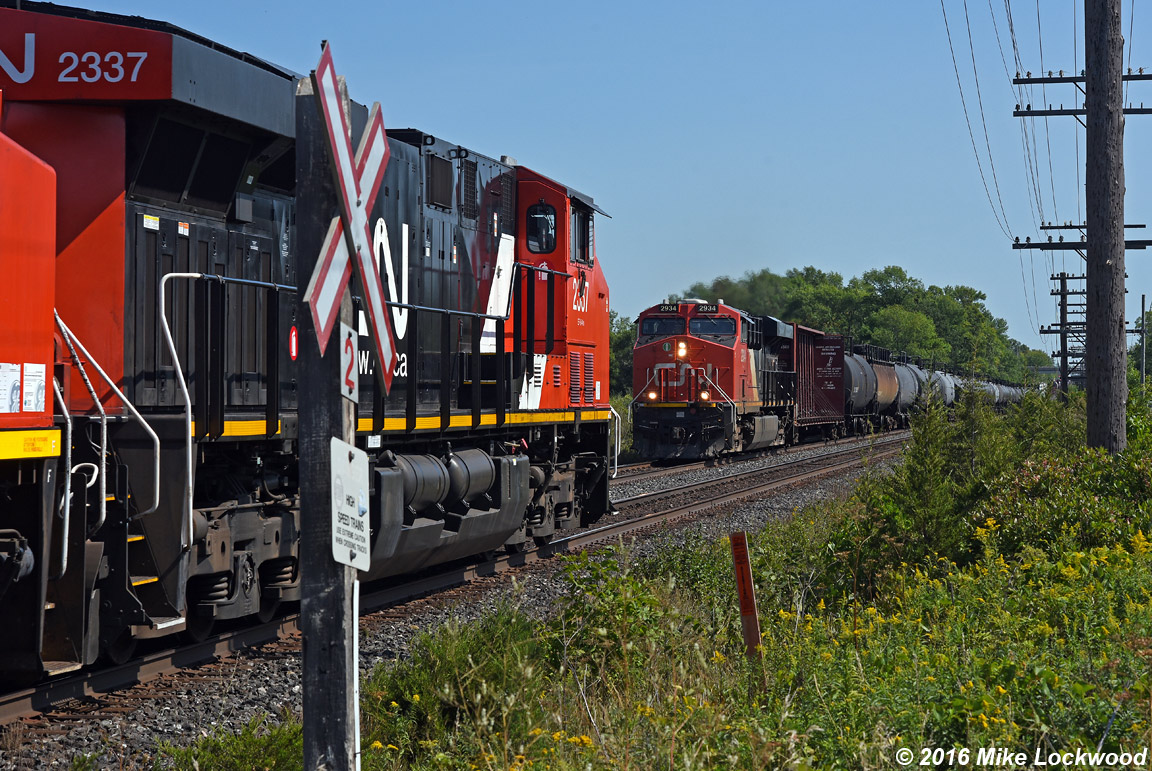 A few miles west of the yard, CN 2337 leading train 376 meets CN 2934 leading 305 outside of Belleville. As 376 slows for their crew change in town, 305 is accelerating from their recrew. Shortly however, a report of an unauthorized rider will have 305 stopped for about an hour in Trenton while the local and CN Police inspect the train (whoever was riding had long disappeared). 1203hrs.