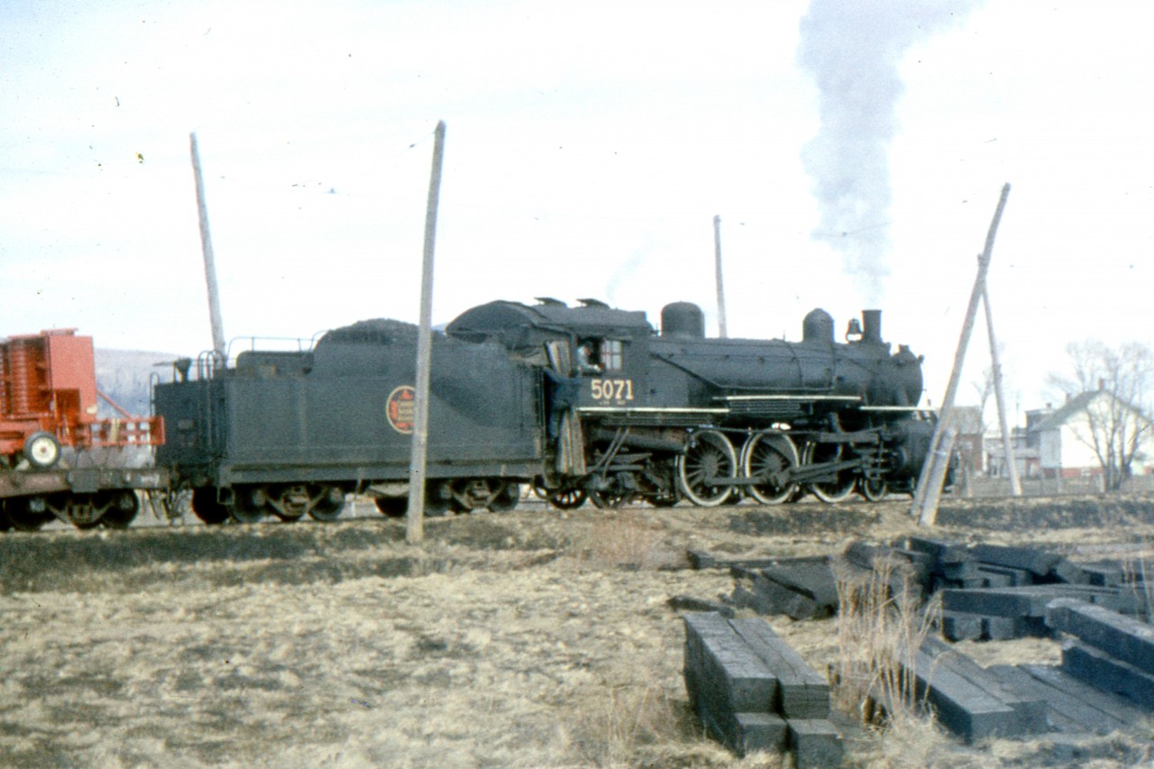Clayton's first interest is electric traction. On Easter weekend 1958 he and a friend traveled to Quebec City to photograph the Quebec Railway Light and Power operations as they were due to end in a few months. Here we see elderly CN Pacific 5071 near the end of the wires at St. Joachim, 25 miles east of Quebec City. The passenger service continued to LaMalbaie at mile 87.8 and the line ended at Nairn's Falls, another 5 miles east.