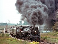 Canadian National U2g Northern 6218, CN's southern Ontario steam excursion star after 6167 passed the torch to her in 1964, gives fantrip attendees an impressive smoke show during a runby on the Fergus Sub at Harrisburg, in September 1970.<br><br>This section of the Fergus Sub from Lynden to Galt was abandoned in the 1980s, and CN "Bullet-nosed Beatty" 6060 would take over for 6218 in excursion service a few years later.