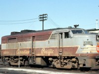 Sporting well worn maroon and grey script paint 5 years into the "action red" era, CP FA2 4088 sits at the Quebec Street shop in London ON awaiting its next assignment in October 1972.
<br><br>
Part of one of CP's few early orders for mainline diesels in the early 1950's, 4088 would recieve a new coat of paint next year, but would only last a few more years in service before being stored at St. Luc with much of the CP FA/FB fleet in 1975, and officially retired in 1977.