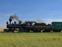 <b>Steam over the prairies.</b> PDC 3 is leading the Prairie Dog Central's 11 AM departure from Inkster Junction as it heads northwest. PDC 3 was built in Glasgow by Dübs & Company for the Canadian Pacific Railway, its first number was CP 22.