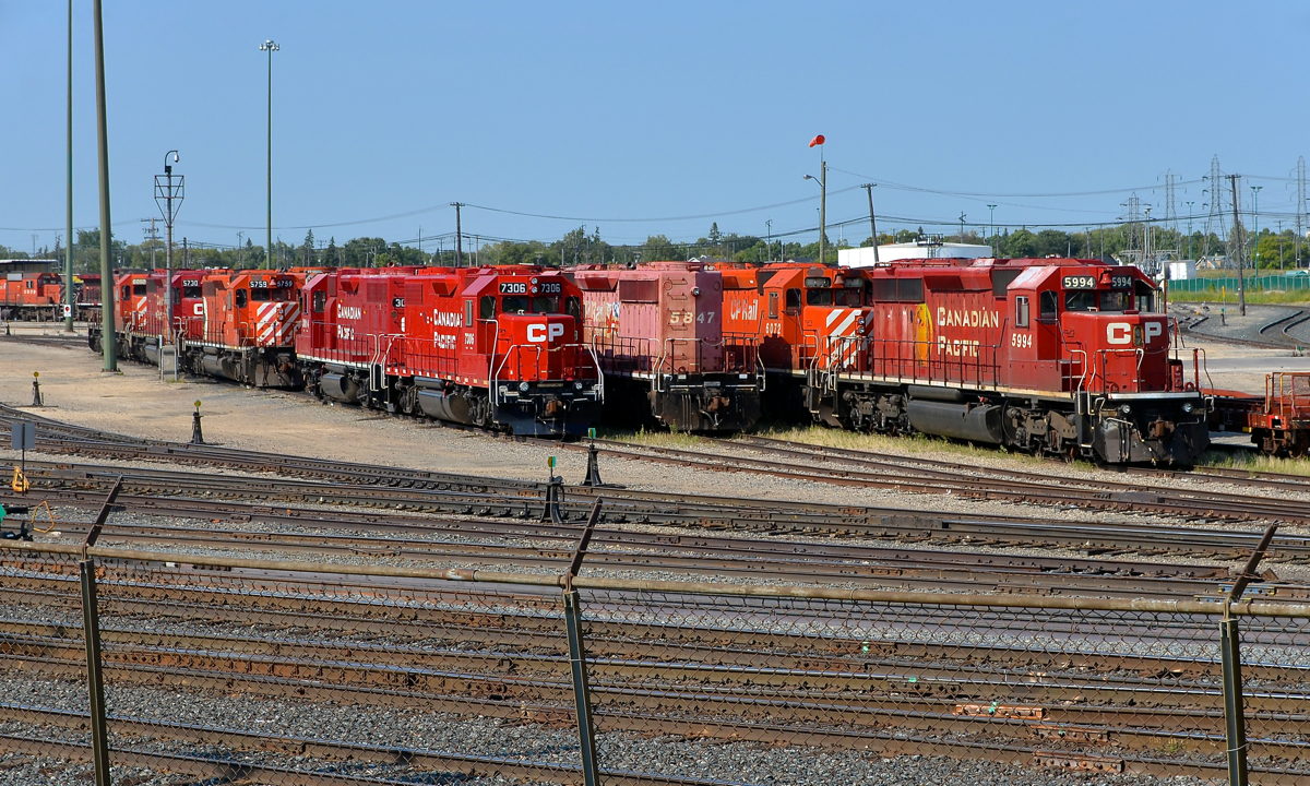 A graveyard for EMD's. Dozens of EMD's (mostly SD40-2's, but also some GP38-2's and SD9043MAC's) populate the deadline at Weston Yard in Winnipeg.