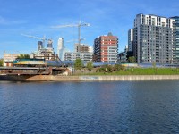VIA 605 for Jonquière and VIA 607 for Senneterre are lashed up together with VIA 605 first as it passes the Peel Basin five minutes after leaving Central Station in Montreal. Both trains feature an F40, a coach and a baggage car, though not in that same order. Power is VIA 6436 on 605 and VIA 6433 on 607.