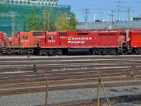 <b>Something seems to be missing.</b> GP38AC CP 3014 seems to be missing part of its nose as it sits in the deadline in Weston Yard. Interestingly enough an online roster says this unit was retired after collision damage in June 2013 but reactivated after rebuild in May 2015.