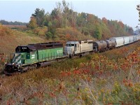 Back in the mid 2000s CN train #394 was one of the trains you would go out of your way for. BNSF power was most common on it, and it was often leading, just as it was this day. Lead unit BNSF SD40-2 #6703 was interesting due to it retaining its BN logo on the cab. Trailing unit NREX SD40 #5979 is listed as a former CP unit, which apparently has had its headlight moved. The shot here is off the hill near mile 30 at Scotch Block.