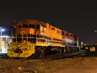 The new kid on the block, recently transferred Quebec Gatineau GP38 #2008 slumbers the night away with RLK GP40 #4095 beside Kitchener's VIA/GO station. The 2008 started life on the Penn Central while 4095 worked for Canadian National. 