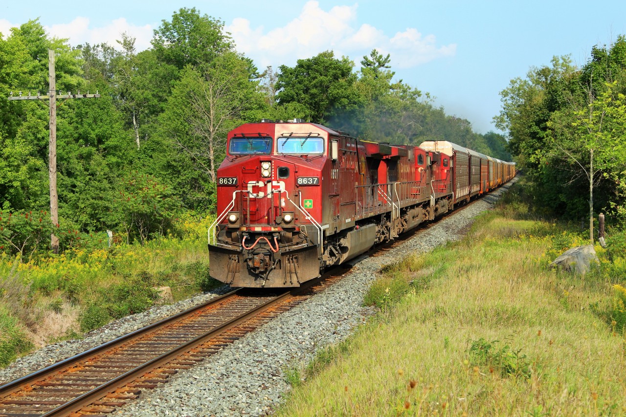A trio of GE's lead todays CP 147 up the grade and begin to pour the power on with CP 8637 leading CP 8571 and CP 8826. I don't know whether they were having issues with this trio but it went by at a rather slow pace and about 100 meters past, the GE's seemed to come alive and could be heard still pouring it on well down the tracks.