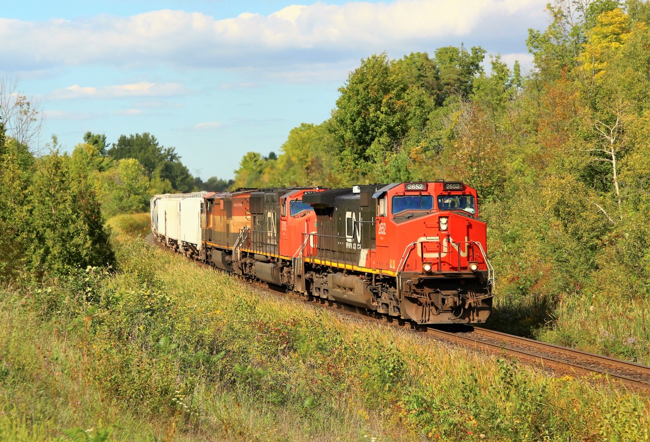 On a very cloudy day, the sun poked its way out just in time for CN 435 to make its way down the grade at MM30 on the Halton sub with CN 2652 leading CN 5715 and a dirty BCOL 4609 for power.