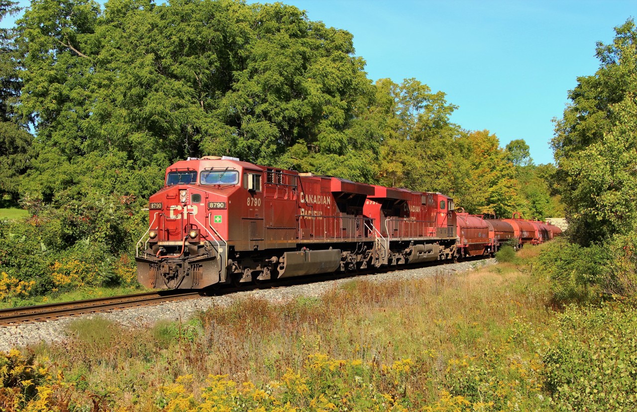 The daily CP 242 is led by CP 8790 with CP 8731 for assistance, as it rolls out of Guelph Junction and down the Hamilton sub. with its 192 axel, 3098 foot manifest.