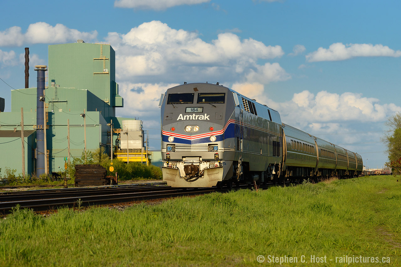 "The Maple Leaf" rolls by the steel mills of Dofasco en-route to Toronto from New York City.