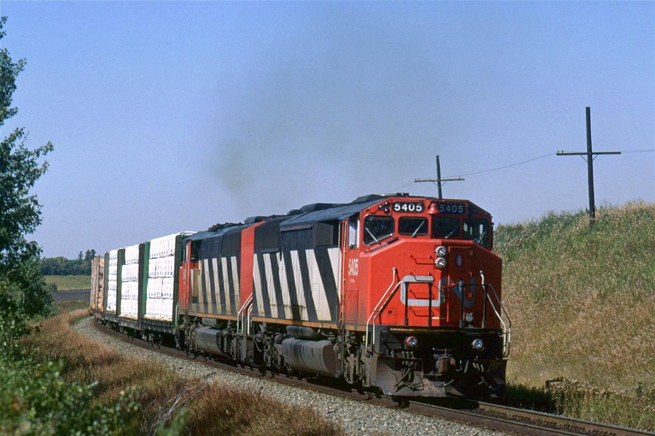 The near-daily wood product train that uses the Wainwright Sub to get to Winnipeg, #360, is just out of Edmonton. Train #358 used the Vegreville line to get to Winnipeg. Both trains originate in Prince George, BC. West of Edmonton, I could not tell which was which.