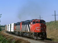 The near-daily wood product train that uses the Wainwright Sub to get to Winnipeg, #360, is just out of Edmonton. Train #358 used the Vegreville line to get to Winnipeg. Both trains originate in Prince George, BC. West of Edmonton, I could not tell which was which.