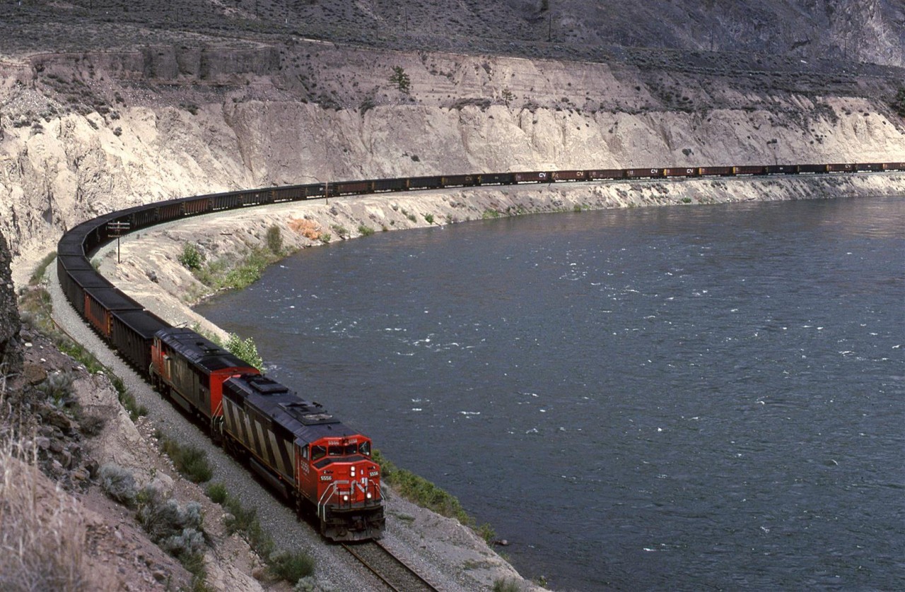 A coal train approaches Juniper Beach provincial Park. The Thompson river rushes by to the right. This area is one of my favorite places to shoot trains, particularly if I had the time to walk around.