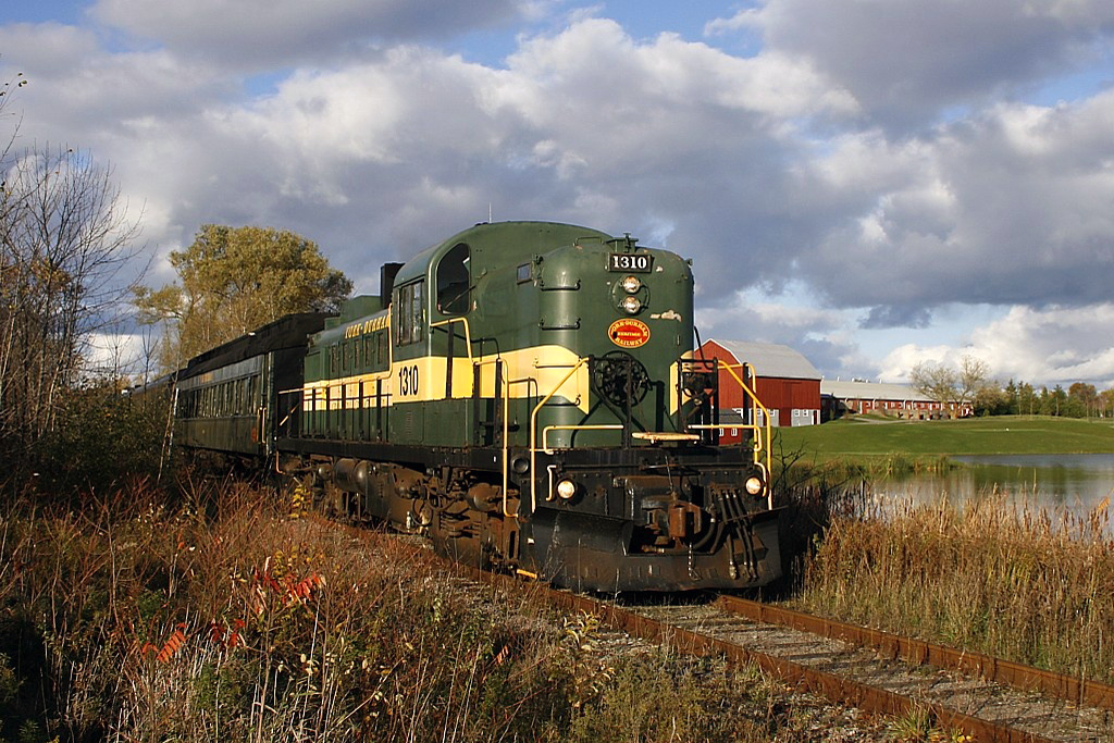 The 2007 York Durham Heritage Railway's Halloween Special passes the Granite Golf Club in Stouffville on a deadhead move to Unionville where it will pick up its load of ghouls and goblins, headed up by venerable RS-3 1310. Out of view on the tail end is RS-11 3612 to pull for the return trip.