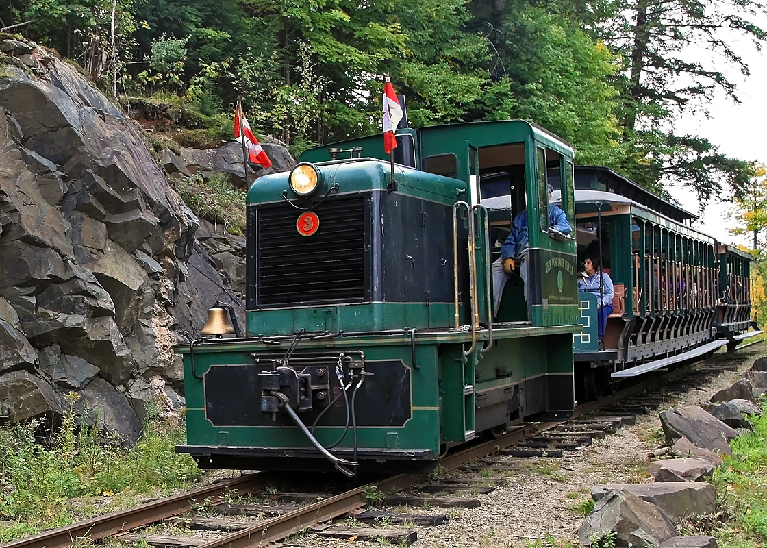 With tour bus season in full swing the Huntsville and Lake of Bays Railway's Portage Flyer is loaded to the gills as it makes its way down the line to Fairy Lake Station.