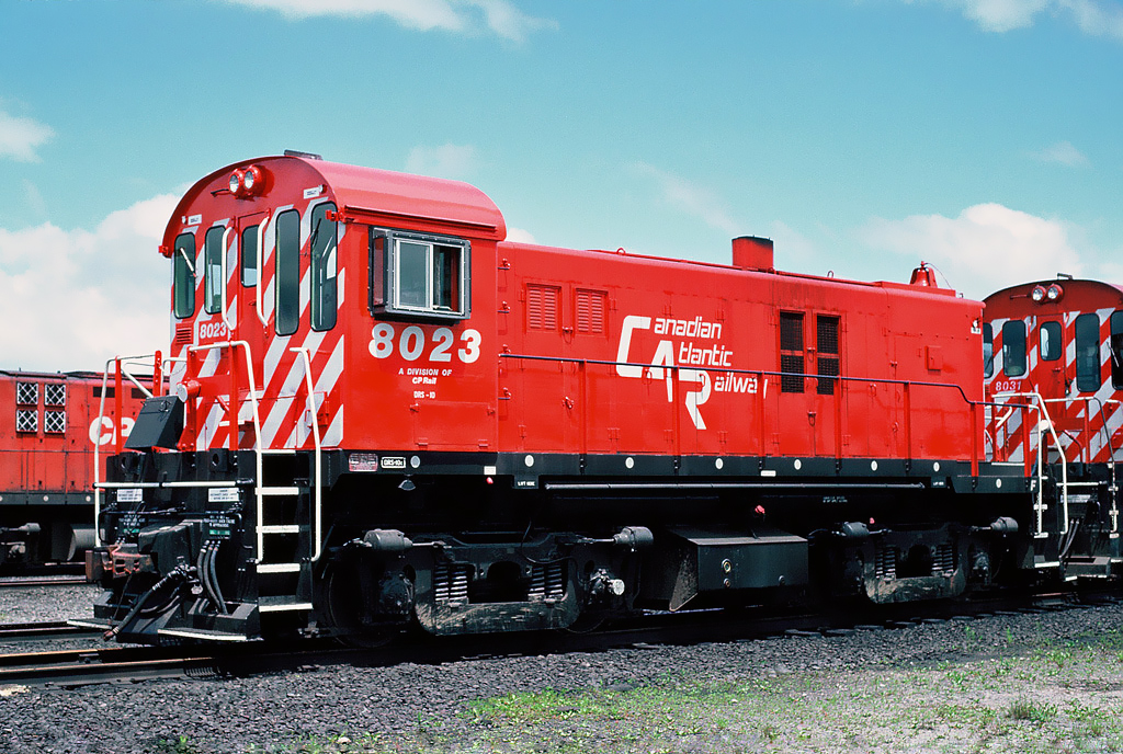 A division of CP Rail the Canadian Atlantic Railway was composed of all CP Rail Lines east of Mégantic, Québec, including the Maine Division as well as the former Dominion & Atlantic Railway in Nova Scotia. CAR MLW RS-23 No.8023 at Saint John, N.B. June 24, 1989.