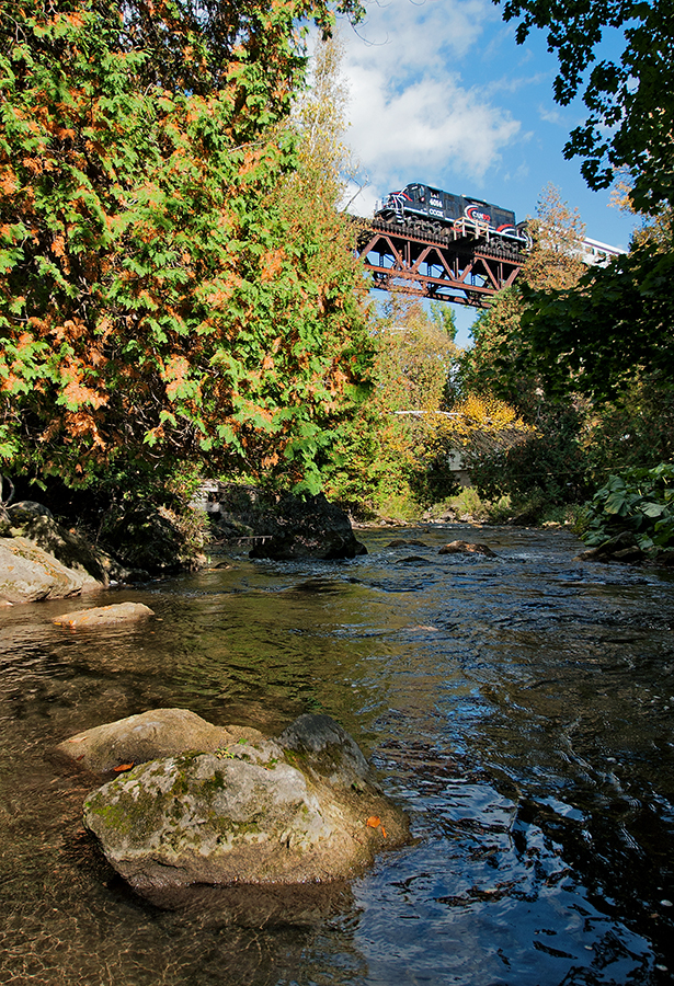 Trundling across the Forks Of The Credit, CCGX4014 leads the Credit Valley Explorer Fall Colour train north back to Orangeville.