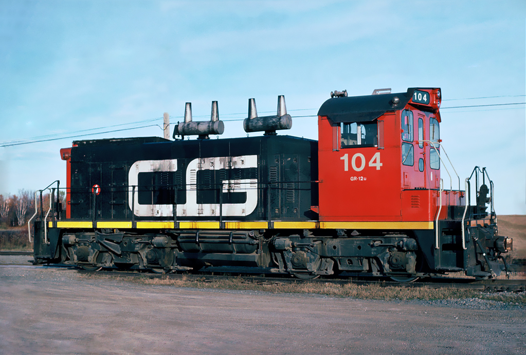 Owned by CN Rail, Canada and Gulf Terminal Railway operates 33.1 miles of freight service between Mont-Joli and Matane, Quebec. Number 104 GMD SW1200RS nee CN 1356.  Photo October 21, 1986.
